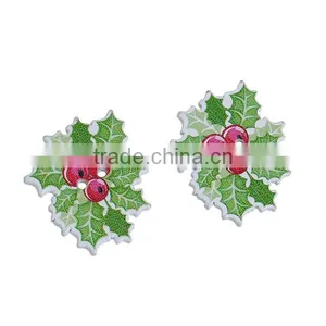 Wood Sewing Buttons Scrapbooking 2 Holes Leaf Red & Green Christmas Pattern thumbnail-1