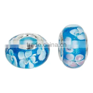 Round Silver Plated Core Flower Pattern Blue Transparent Lampwork Glass European Style Large Hole Charm Beads thumbnail-3