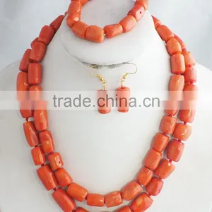 China Factory Direct Sale!!! 2 Rows Red Coral Jewelry Set With Necklace Earrings and Bracelet thumbnail-2