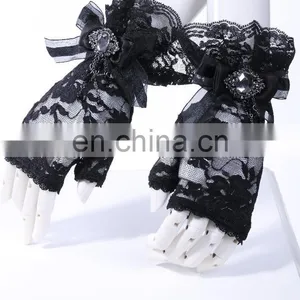 Gothic Laced Fingerless Gloves With Double Bow and Brooch thumbnail-1
