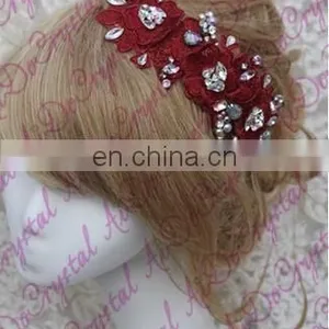 Aidocrystal Red Wedding Hair Piece Bridal Headpiece Handmade Rhinestone Lace Indian Flower Accessories thumbnail-4
