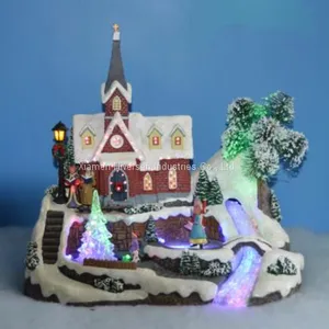 Polyresin Christmas Decoration 11“ Fiber Optic Church With Rotating Tree and Skating Childs, Eight Songs Music thumbnail-1