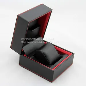 Black Leather Watch Boxes PU Watch Cases With Red Color Stitching Wholesale thumbnail-3