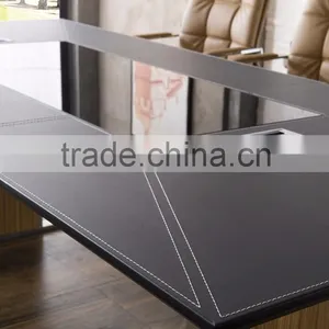 Luxury Office Furniture Decoration Black Tempered Glass Top Leather Cover Conference Room Table With Power Outlet thumbnail-5