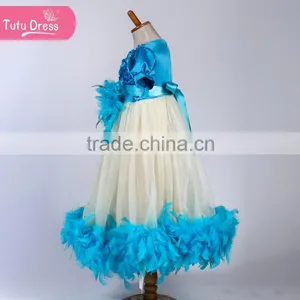 Blue Feather Dresses for Baby Girls 2015 New Design Lace and Feather Kids Dresses thumbnail-2