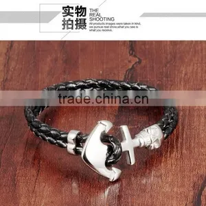 Cheap Stainless Steel Skull Boat Anchor Double Braided Leather Bracelet Punk Rock Style thumbnail-2