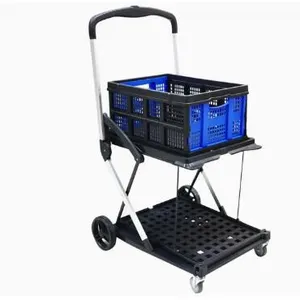 Multi-Purpose Four Wheels Double Layers Storage Sturdy Plastic Trolley With Folding Boxes Shopping Cart thumbnail-2