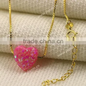 Fashion Synthetic 12mm Pink Heart Opal Stone 18K Gold Plated 925 Silver Necklace Jewelry thumbnail-4