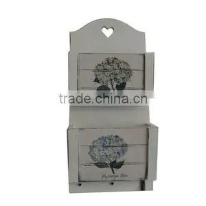 Vintage Cottage Chic Old Effect Hydrangea Flower Wooden Wall Letter Rack 2-Tier With Key Hooks thumbnail-1