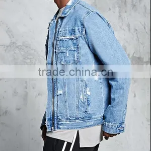 New Style Custom Cheap Brand Bulk Wholesale Distressed Denim Jacket Coats for Mens thumbnail-3