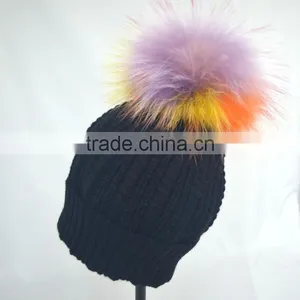 Myfur Rainbow Color Real Fur Pompom Woolen Knit Beanie Hat Wholesale thumbnail-4