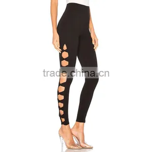 High Waisted Cut Out Design Fashion Ladies Distressed Workout Leggings thumbnail-2