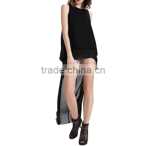 New Fashion Women Sleeveless Blouses False Two Piece Short Front Long thumbnail-1