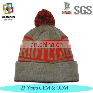 High Quality Knit Baby Beanie Hats Grey/Red With Bobble thumbnail-1