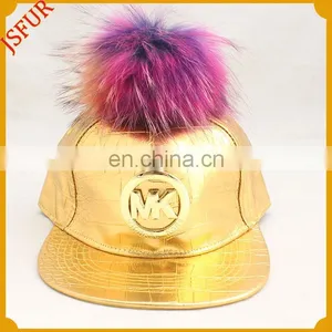 Luxury Gold Colour Spring Hat Raccoon Pompom Fur Cap thumbnail-2