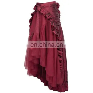 Belle Poque Steampunk Retro Victorian Punk Cincher Wine Red Lace up Long Ruffle Open Pencil Skirt BP000206-3 thumbnail-3