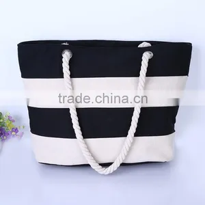Excellent Quality Reusable Canvas Shopping Bag Stripe Canvas Beach Tote Bag Wholesale thumbnail-2