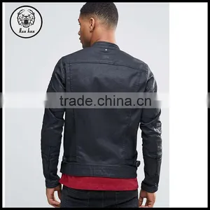 Mens Denim Biker Motorcycle Bomber Slim Fit Black Leather Jacket thumbnail-3