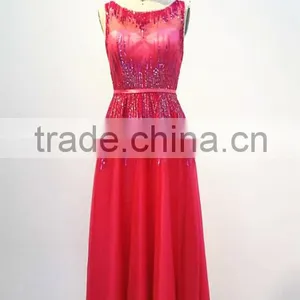 Red Sleeveless Chaozhou Beaded Long Evening Dress thumbnail-2