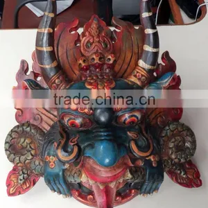 Hand Crafted Wooden Mask of Hindu Buddha Monster Garuda Red Blue Wall Hanging Made in Nepal thumbnail-1