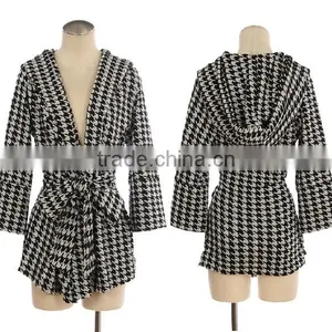 HOUNDS TOOTH PATTERNED DOUBLE KNIT JACKET WITH WAIST TIE Manufacture Factory Women Lady KNIT JACKE thumbnail-1