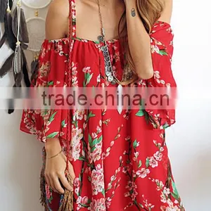 Summer Women Sexy Batwing Sleeve Floral Chiffon Beach Evening Party Short Dress thumbnail-2