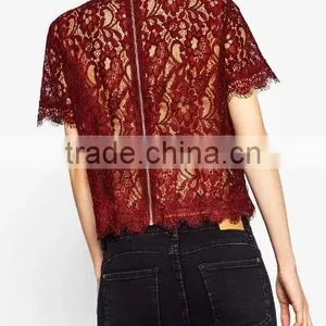 Runwaylover EY2368B Hot Sale 2017 Ladies Hollow Out Shrt Sleeve Lace T-Shirts thumbnail-2