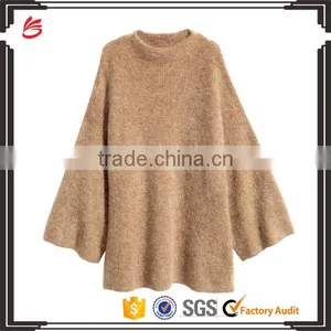 High Quality Long Bell Sleeves Crew Neck Ribbed Handmade Wool Knit Sweater for Women thumbnail-1