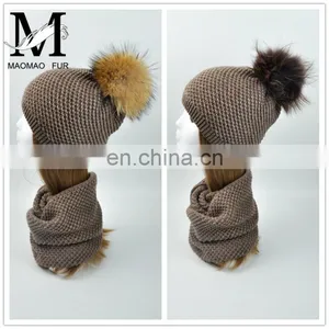 Wholesale Knitted Scarf Women Raccoon Fur Ball Winter Hat All in One Hat and Scarf thumbnail-4