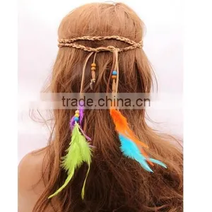 Women Girl Bohemian Boho Fashion Handmade Multicolor Feather and Gold Leaves Pendants Hairband thumbnail-2