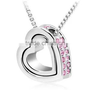 Womens 2016 YIWU IN STOCK Fashion Silver Plated Girlfriend Jewelry Charm Heart Crystal Pendant Chain Necklace Quality Choice thumbnail-4