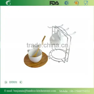 DT031/ Stainless Steel Holder,Ceramic Cup,Bamboo Plate and Spoon Coffee & Tea Set thumbnail-1