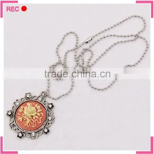 Fancy Stone Necklace With Bead Chain, Engraved Flower Stone Pendant Necklace thumbnail-1