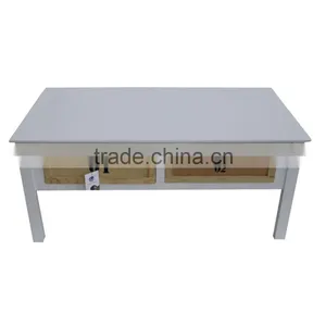 Mediterranean Style Distressed White Wooden Coffee Table With Drawers thumbnail-1