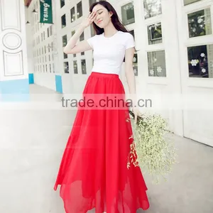 Latest Fashion New Women Sexy Plain Color High Waist Chiffon Maxi Skirt thumbnail-3
