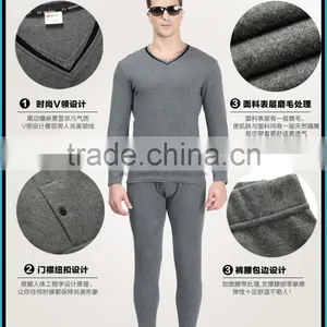 Combed Cotton Lycra Heated Thermal Underwear Men Thick Long Sleeve Long John V-neck Thermal Clothing Set Simple Design thumbnail-1