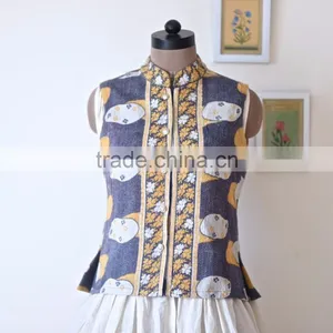 Vintage Kantha Vest in Yellow & Purple Floral Print ~ Small thumbnail-5