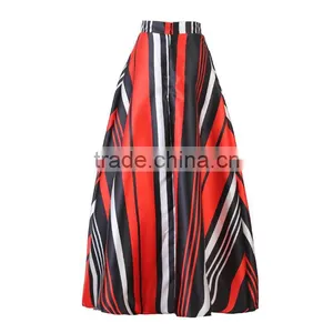 Walson Spring Autumn High Waist Geometry Striped Print Pleated Maxi Skirt Fall Contrast Casual A Line Skater Tutu Skirts Women C thumbnail-4