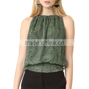 2017 OEM Women Breezy Elastic Round Neckline Leopard Blouse thumbnail-2