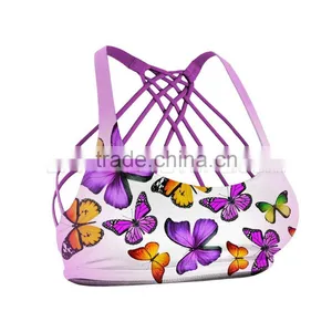 Golden Purple Butterflies Sports Bra With Contrasting Inner and Multiple Layered Supplex Fabric thumbnail-1