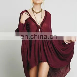 High Quality Raw Hem Cotton Gauze Dress Fashion High Low Tunic Dress thumbnail-6