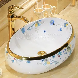 Hot Selling Bathroom Tabletop Golden Hand Painted Ceramic Oval Wash Art Basin Sink From Chaozhou China Manufacturer thumbnail-1