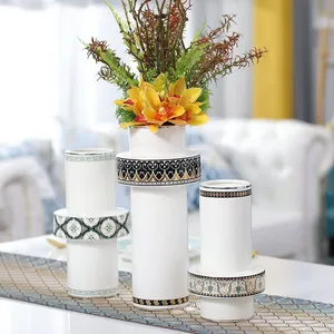Cylinder European American Glaze Small White Black Stripe Ceramic Vase For Living Room thumbnail-2