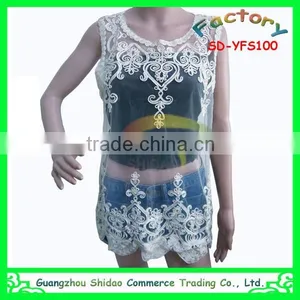 New Fashion Korean Style Women Sleeveless Lace Elegant Blouse Design Organza Embroidery Tank Top for Women Blouse thumbnail-1