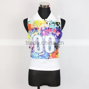 Stand Collar Sleeveless Colorful Printing Blouse Tops With Button thumbnail-4