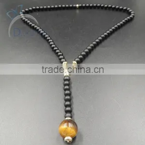 8mm Black Stone Beads Rosary Necklace With 16mm Tiger Eye Bead thumbnail-2