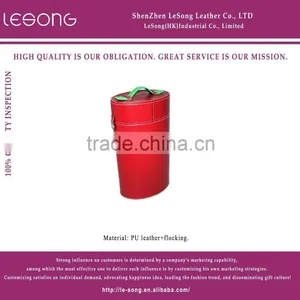 Red Color Leather Round Barrel Wine Box/Case With Handle thumbnail-1