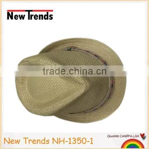 Nature Color Straw Fedora Man Hat Chevron Linen Hatband thumbnail-2