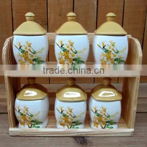 Yellow Flower Decal Ceramic 6 PCs Kitchen Spice Canisters With Wooden Stand thumbnail-1