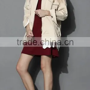 Beige Color Concealed Zip Button Closured Front Women Short Plus Size Coat With Lace thumbnail-1